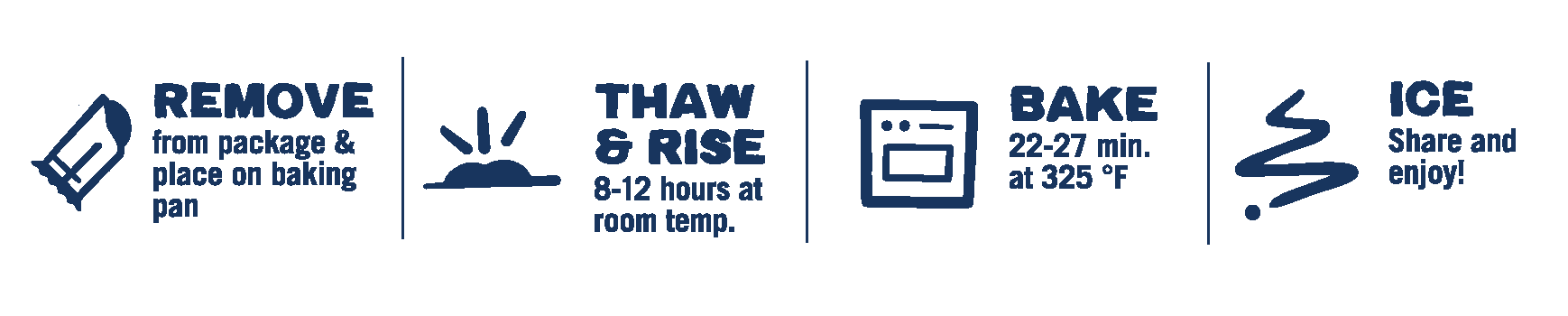 Blueberry & Cream Cheese pastry baking direction icons: remove, thaw & rise, bake, and ice.