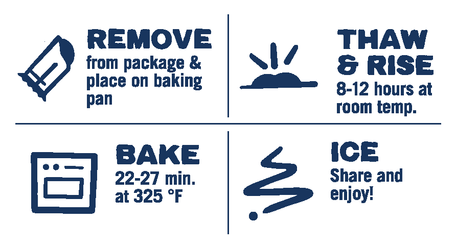 Blueberry & Cream Cheese pastry baking direction icons: remove, thaw & rise, bake, and ice.