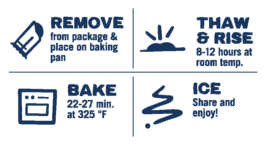 Blueberry & Cream Cheese pastry baking direction icons: remove, thaw & rise, bake, and ice.