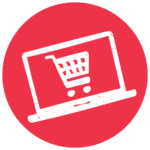 Fundraising Step 1: Sign up. White image of laptop computer with shopping cart on a red circle background