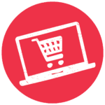 Fundraising Step 1: Sign up. White image of laptop computer with shopping cart on a red circle background