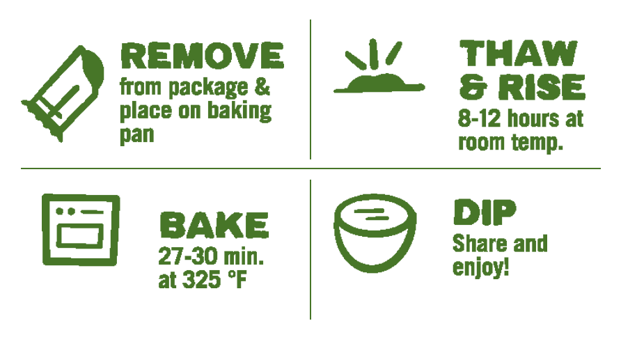 Four Cheese and Herb pastry baking direction icons: remove, thaw & rise, bake, and dip.