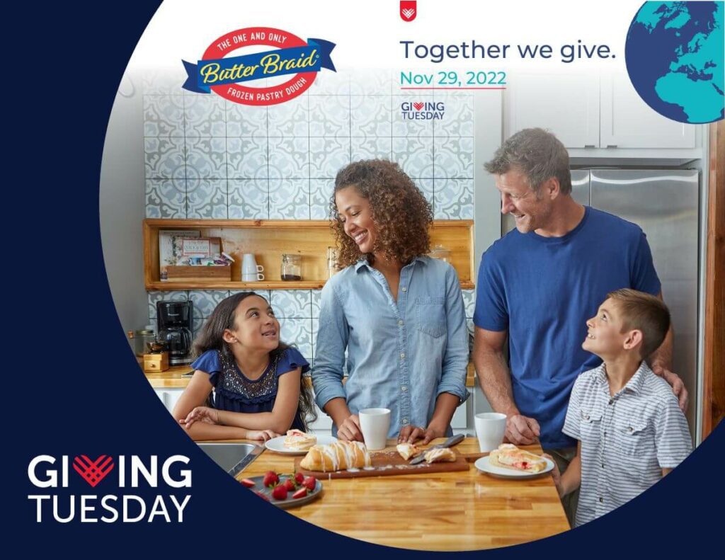 Family in kitchen around Butter Braid Pastry with logo. Has Giving Tuesday logo and branding elements.