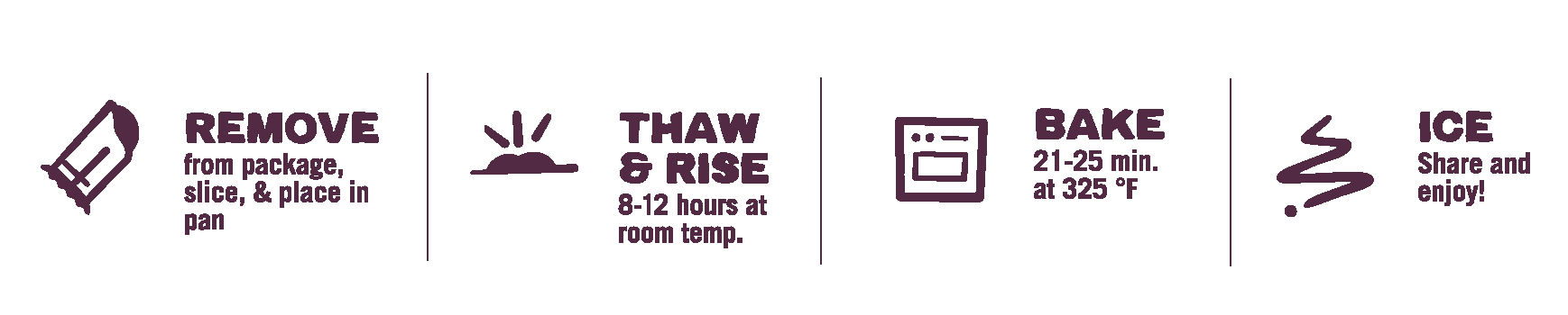 Cinnamon Pastry Roll baking direction icons: remove, thaw & rise, bake, and ice.