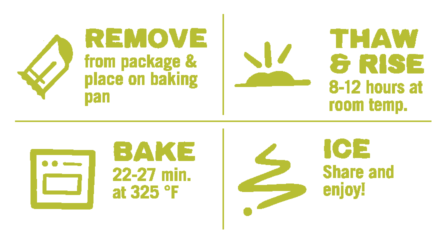 Apple pastry baking direction icons: remove, thaw & rise, bake, and ice.