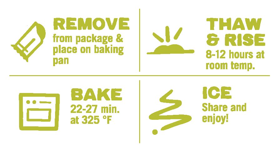 Apple pastry baking direction icons: remove, thaw & rise, bake, and ice.