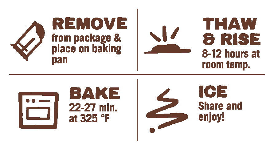 Bavarian Crème pastry baking direction icons: remove, thaw & rise, bake, and ice.