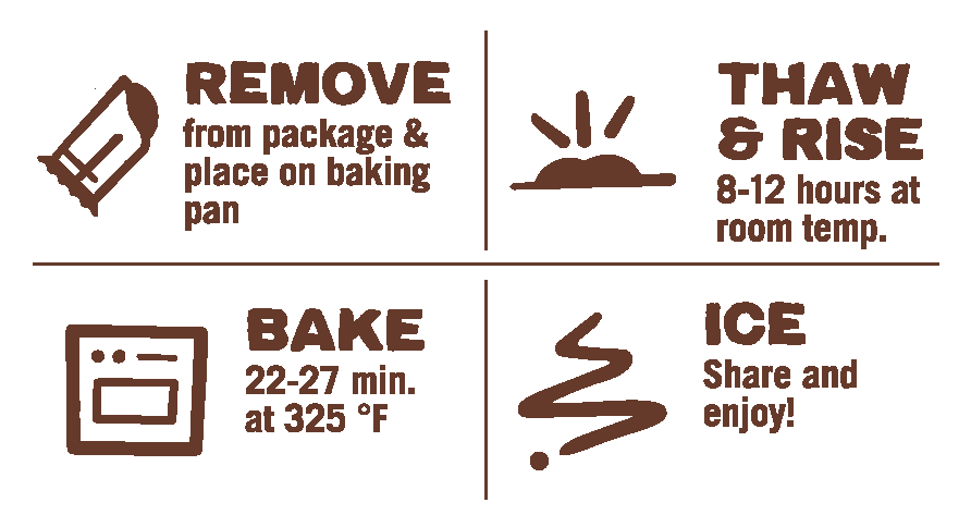 Bavarian Crème pastry baking direction icons: remove, thaw & rise, bake, and ice.