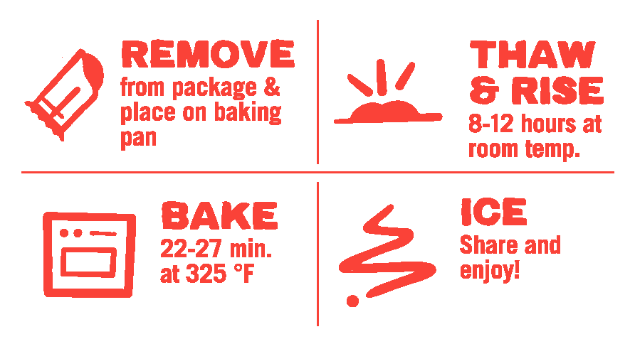 Cherry pastry baking direction icons: remove, thaw & rise, bake, and ice.