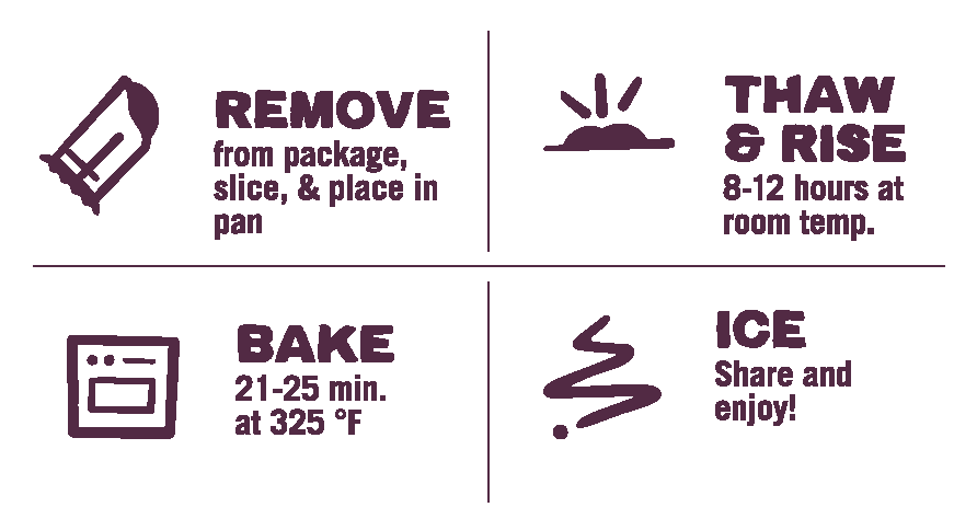 Cinnamon Pastry Roll baking instruction icons: remove, thaw, rise, bake, and ice.