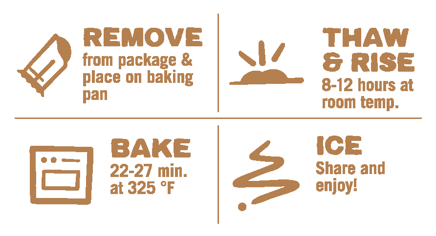 Cinnamon pastry baking instruction icons: remove, thaw & rise, bake, and ice.