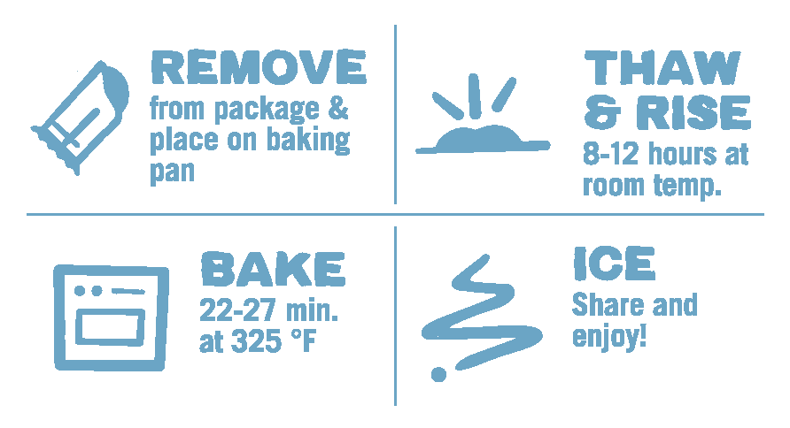 Cream Cheese pastry baking direction icons: remove, thaw & rise, bake, and ice.
