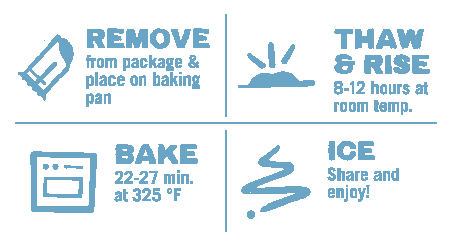 Cream Cheese pastry baking direction icons: remove, thaw & rise, bake, and ice.