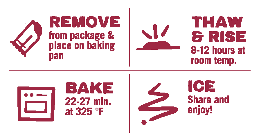 Raspberry Pastry baking direction icons: remove, thaw & rise, bake, and ice.