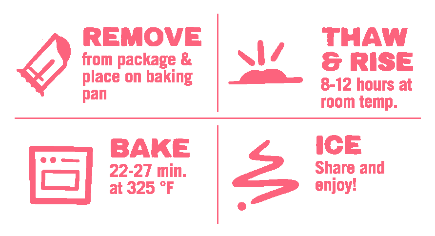 Strawberry & Cream Cheese Pastry baking direction icons: remove, thaw & rise, bake, and ice.