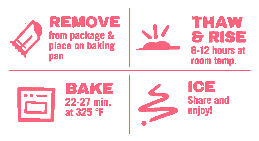 Strawberry & Cream Cheese Pastry baking direction icons: remove, thaw & rise, bake, and ice.