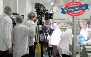 Film crew in Butter Braid Pastry manufacturing center. Things you didn't know about Butter Braid Pastries.