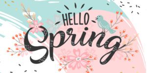 Spring fundraising - "Hello Spring" on pink and blue spring-themed image with flowers, birds, etc.