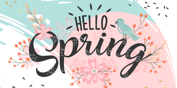Spring fundraising - "Hello Spring" on pink and blue spring-themed image with flowers, birds, etc.