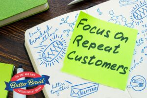Keep Customers Coming Back - Focus on Repeat customers on sticky note that's in a notebook surrounded by doodles