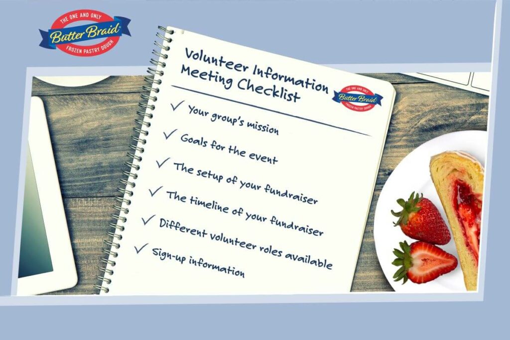 Volunteer Recruitment meeting checklist written out in a notebook next to a plate with a pastry slice.