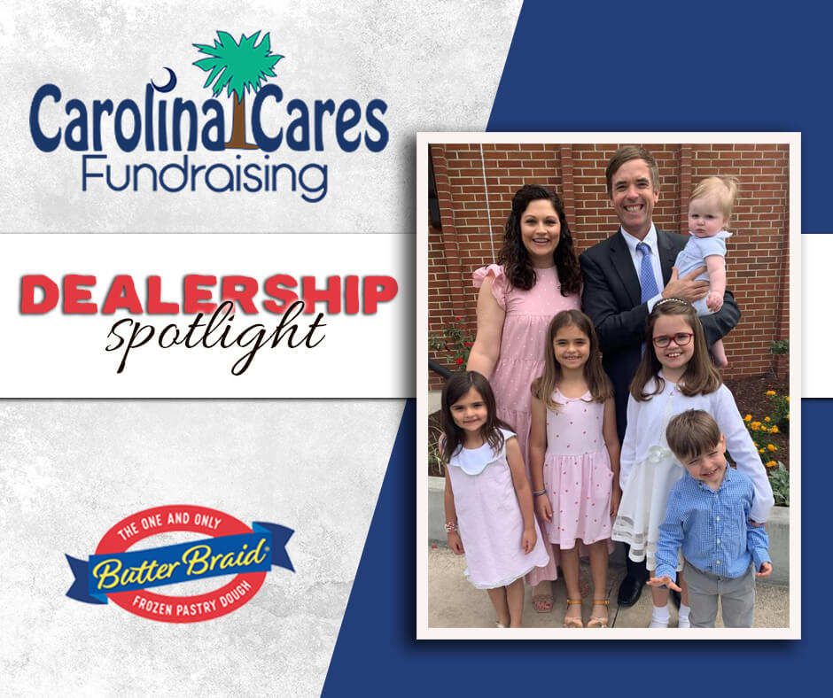 Carolina Cares Fundraising - photo of the owner and family on the Dealership Spotlight layout with the dealership's logo