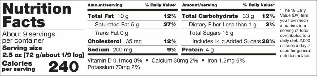 Cinnamon Pastry Roll Nutrition Facts Panel
