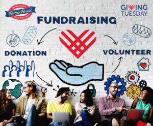 Fundraising for Giving Tuesday - Demographics, Metrics, and Trends to Direct Your Fundraising Efforts. A group of people sit in front of a mural on a wall. It has fundraising, volunteer, and donation written on it with drawings of pastries, the Giving Tuesday heart, and more.