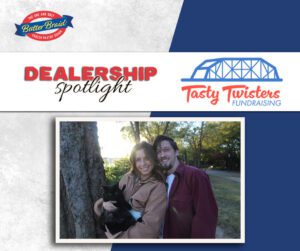 Tasty Twisters Fundraising - photo of the owners on the Dealership Spotlight layout with the dealership's logo
