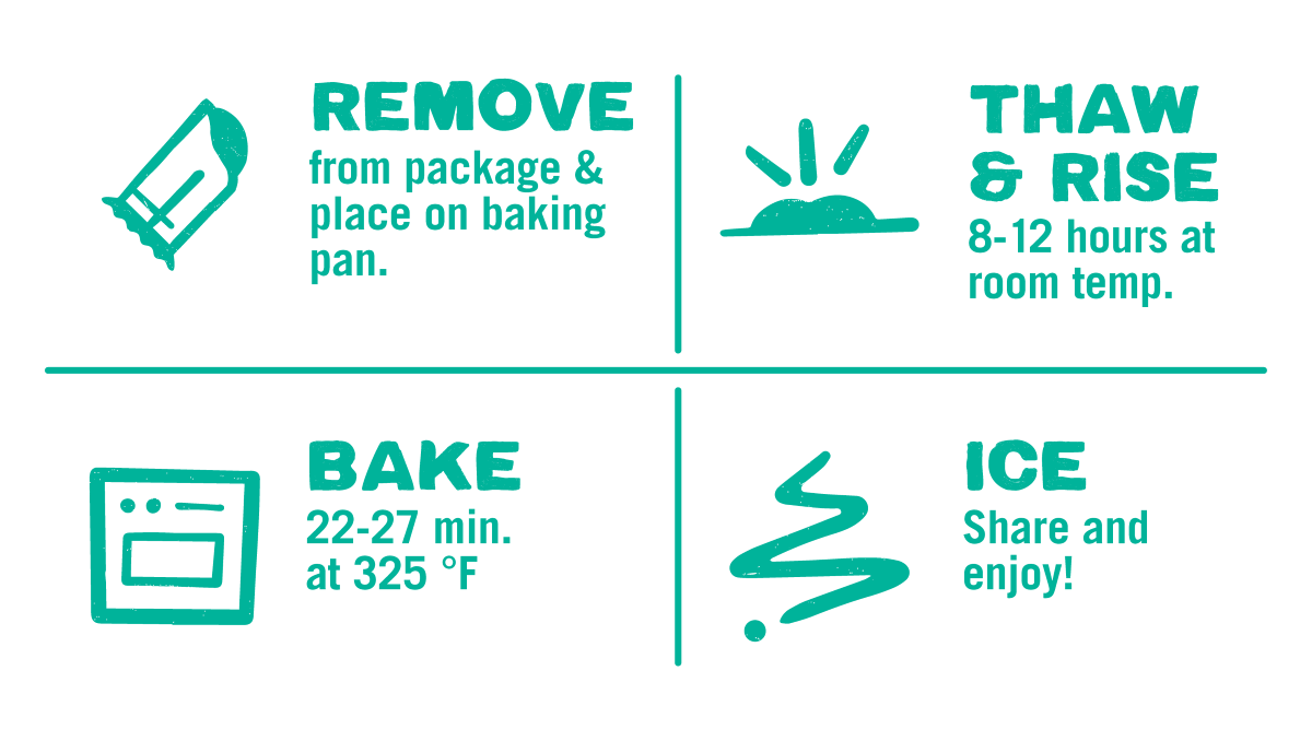 Baking Instruction Icons for Chocolate Braided Pastry: Remove, Thaw, Rise, Bake, Ice