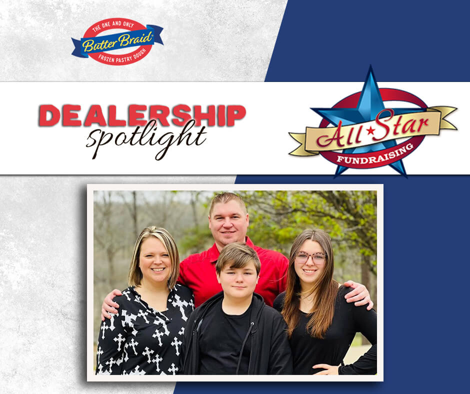 All Star Fundraising - photo of the owners and their family on the Dealership Spotlight layout with the dealership's logo