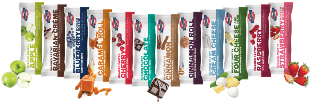 12 pastry and pastry roll packages with several of the flavor icons next to them