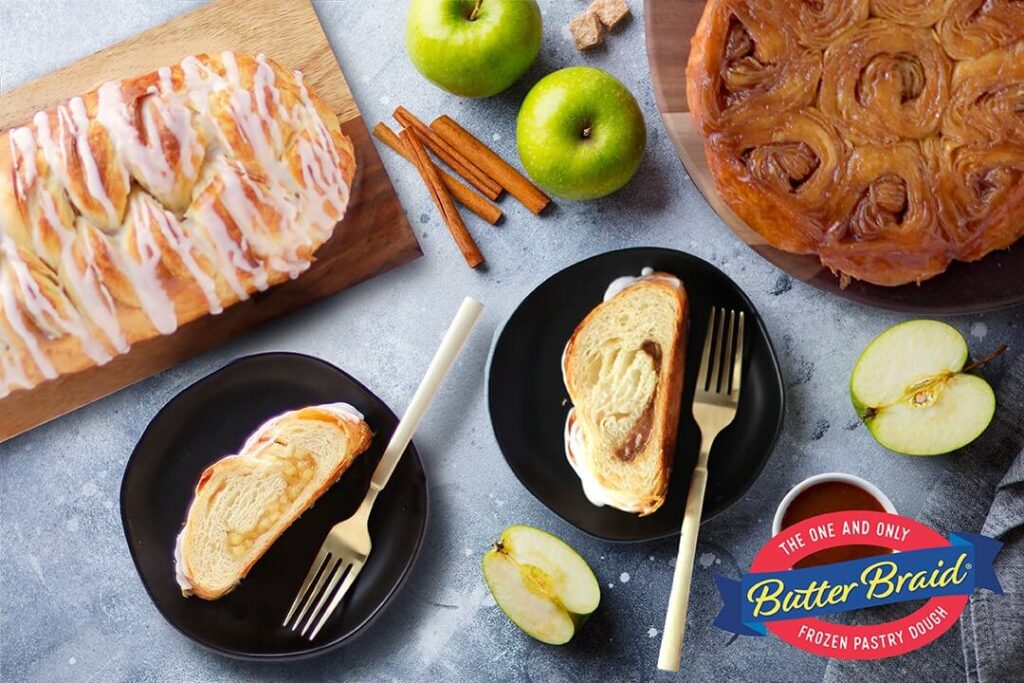 Several different products from Butter Braid Pastries - an Apple Braided Pastry (full and slice), a slice of a Cinnamon Braided Pastry, and Caramel Pastry Rolls.