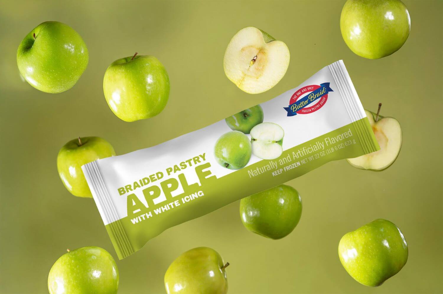 Apple Butter Braid Pastry Packaging on a light green background with fresh green apples.