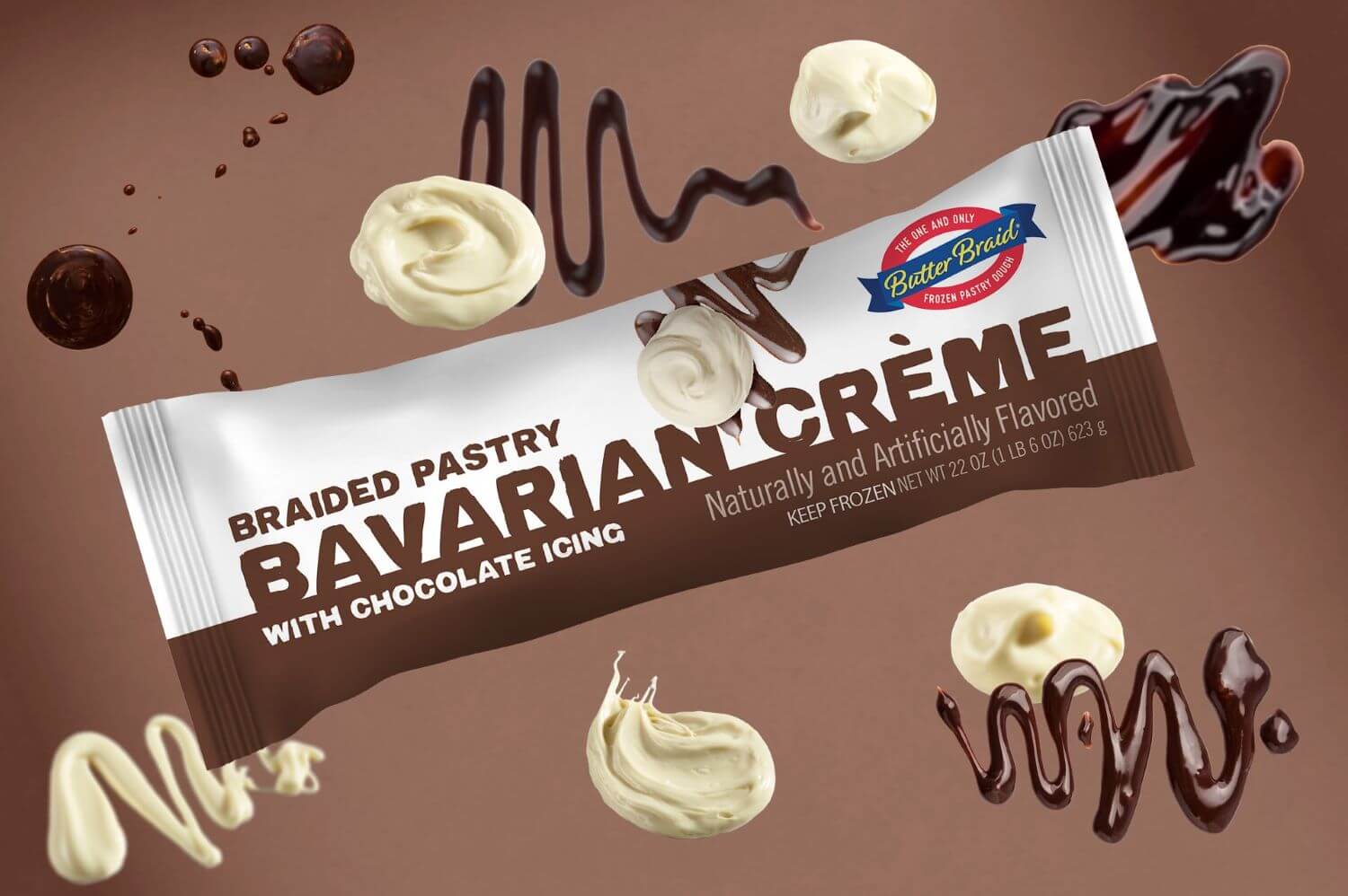 Bavarian Creme Butter Braid Pastry Packaging on a dark brown background with dollops of cream and chocolate drizzle.