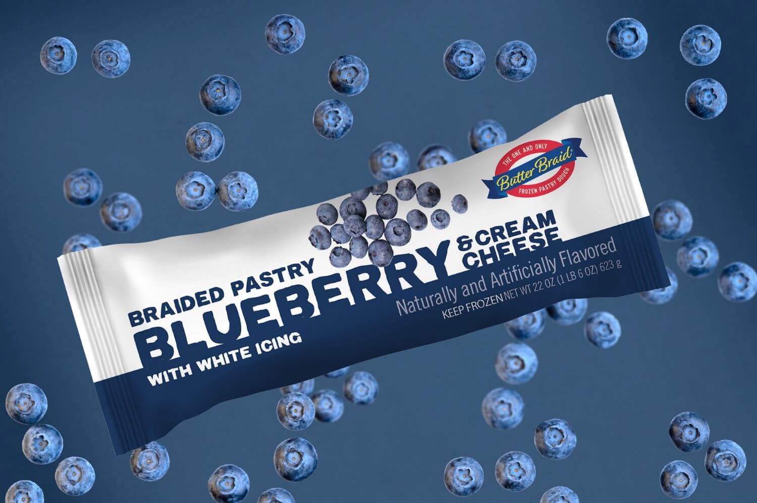 Blueberry Cream Cheese Butter Braid Pastry Packaging on a dark blue background with fresh blueberries.