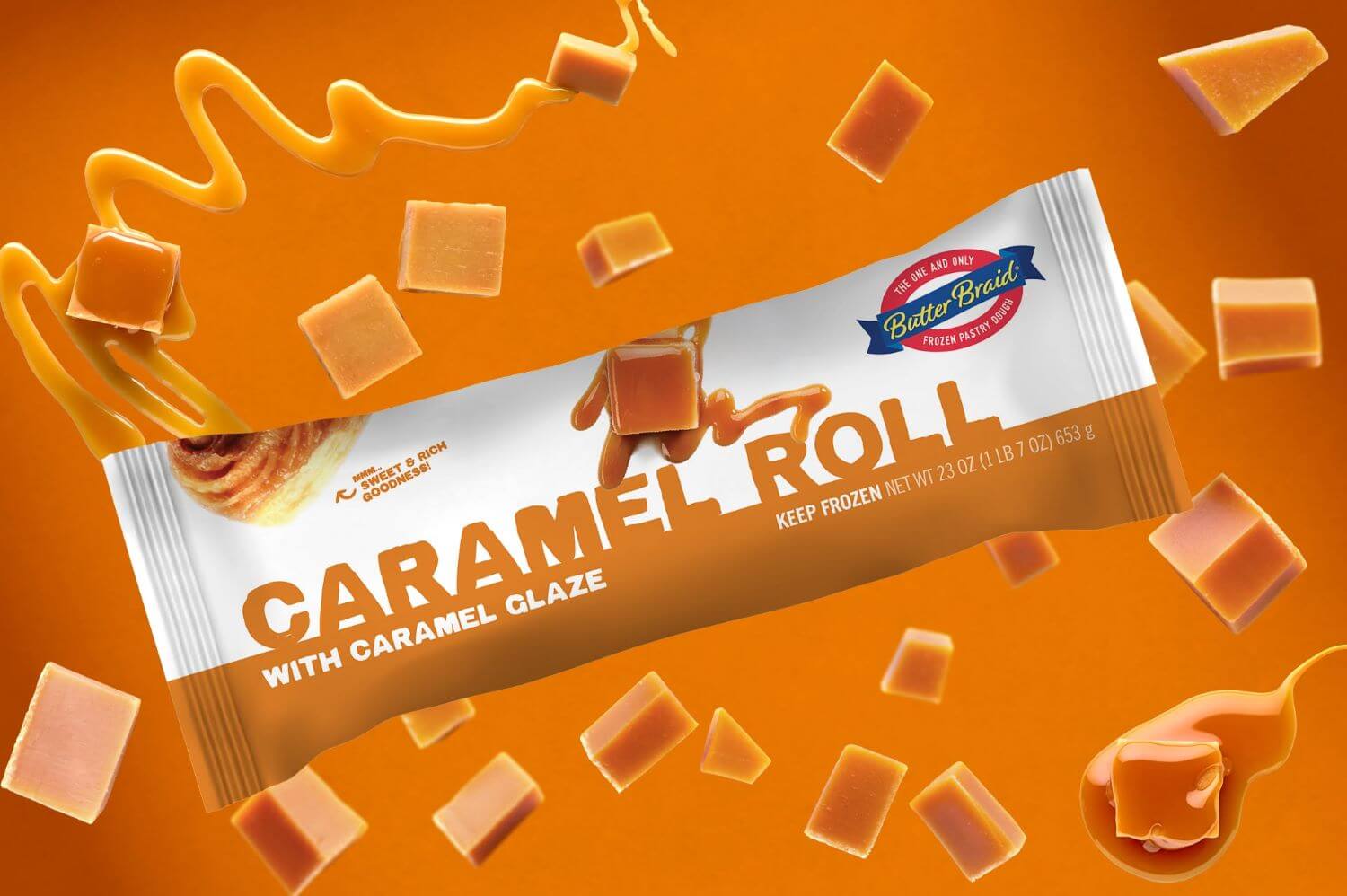 Caramel Roll Butter Braid Pastry Packaging on a dark orange background with caramel squares and caramel drizzle.