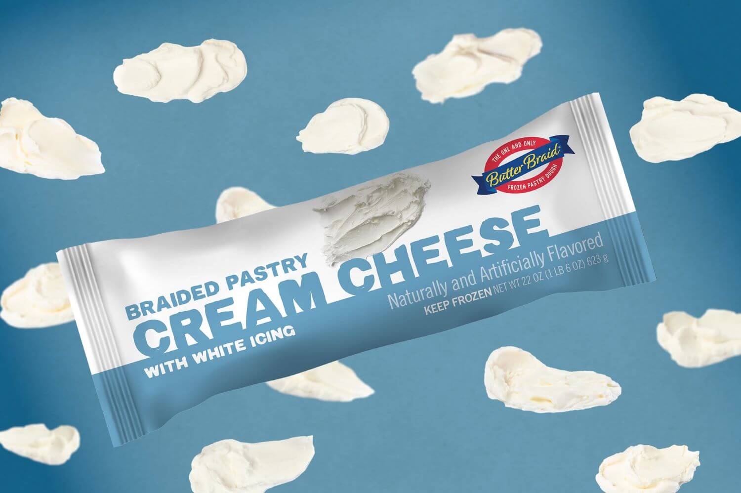 Cream Cheese Butter Braid Pastry Packaging on a light blue background with cream cheese shmears.
