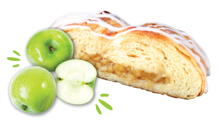 Slice of Apple pastry, with two whole green apples and one half apple next to it, and excitement lines as decoration