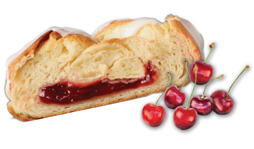 Slice of Cherry pastry, with six cherries next to it, and excitement lines as decoration