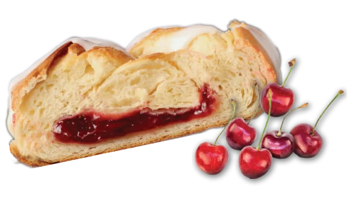 Slice of Cherry pastry, with six cherries next to it, and excitement lines as decoration